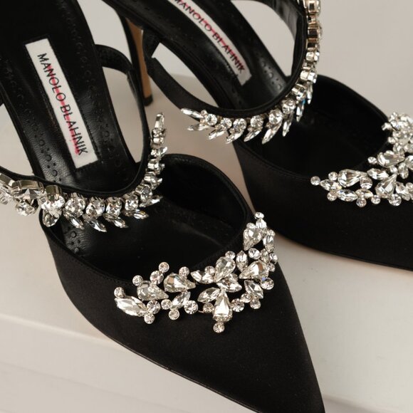 Manolo Blahnik Lurum 90 Crystal Embellished Mules, Black Satin, EU 39.5/US 9.5 - Picture 2 of 7